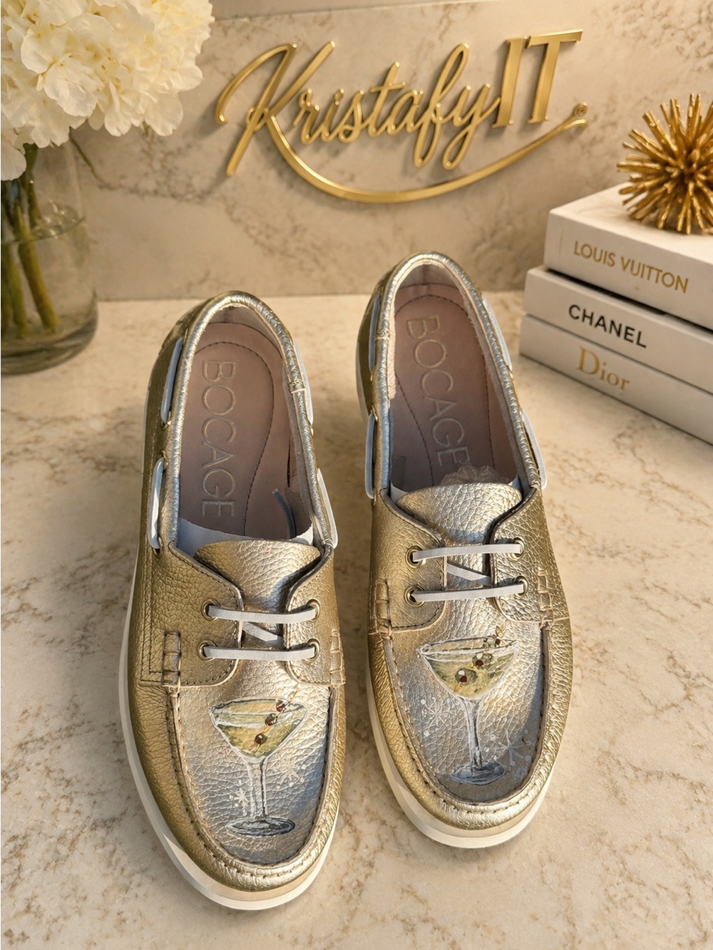 Martini Bocage Gold Leather Boat Shoes Hand Painted Loafers EU 39 US 8.5
